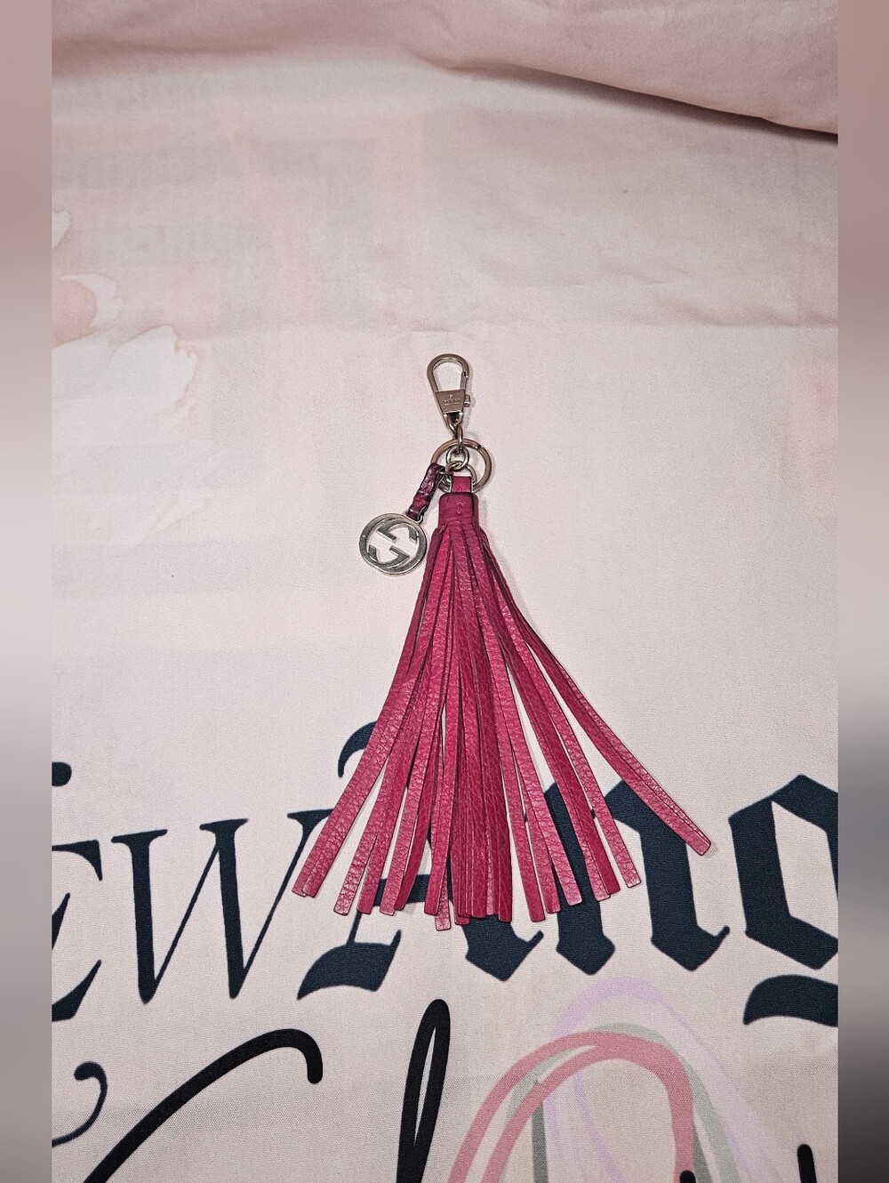 Red Leather 100% Authentic GUCC Leather Tassel Keychain with Silver Hardware